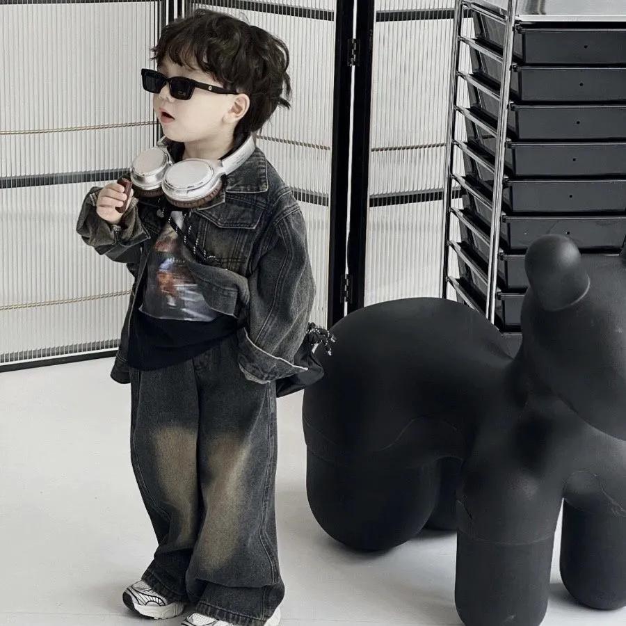 Children's Spring Autumn Retro Suit for Boys and Girls Loose Cowboy Jacket +pants Two Piece Set Outfits