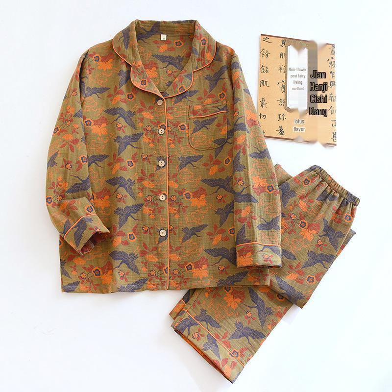 Floral Jacquard Cotton Cardigan & Loungewear Set for Middle-Aged Women
