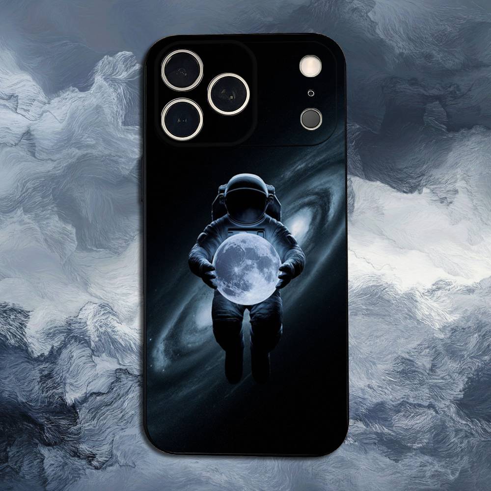 Universe Art Astronaut Phone For iPhone 13,12,15,14,11,16,17,Plus,Pro Max,XS,X,XR,SE,Mini,8,7,Soft Silicone Black