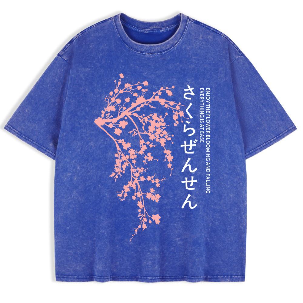 Japan Kirschblüten Aufdruck Gewaschene T-Shirts Herren Baumwolle Oversize T-Shirt Lässige O-Ausschnitt Kurzarm Oberteile Kleidung