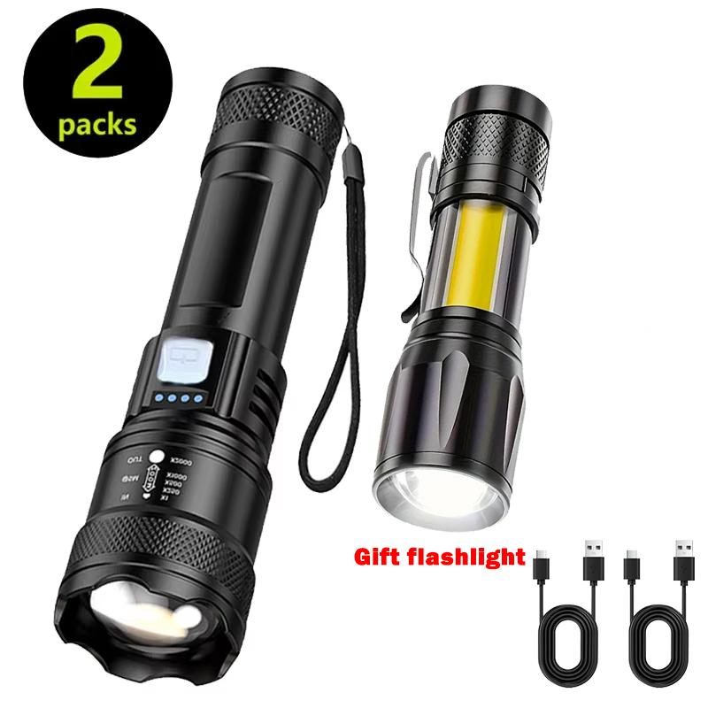 Powerful LED Flashlight Battery Display USB Rechargeable Light Telescopic Zoom Torch Lamp Outdoor Camping Fishing Lantern