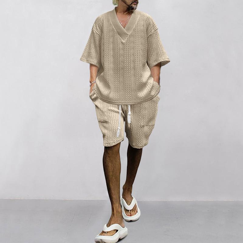Yaz Rahat Şort Set Örme Iki Parçalı erkek Giyim V Yaka Kısa Kollu T-shirt ve Şort streetwear Örgü Kıyafetler