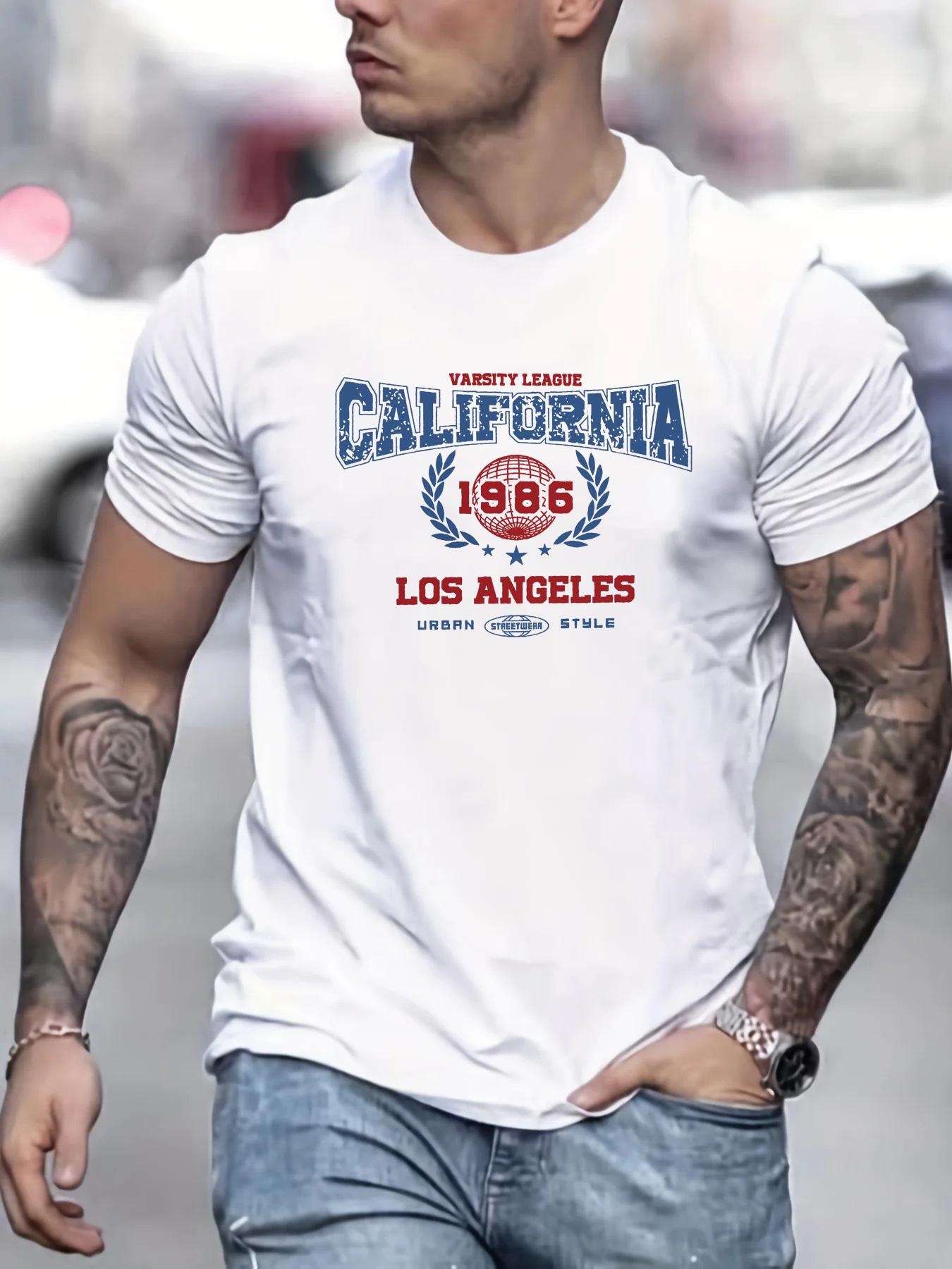 

Men s summer 100% pure cotton fashionable casual loose retro California 1985 printed sports round neck short sleeved T-shirt top S разноцветный