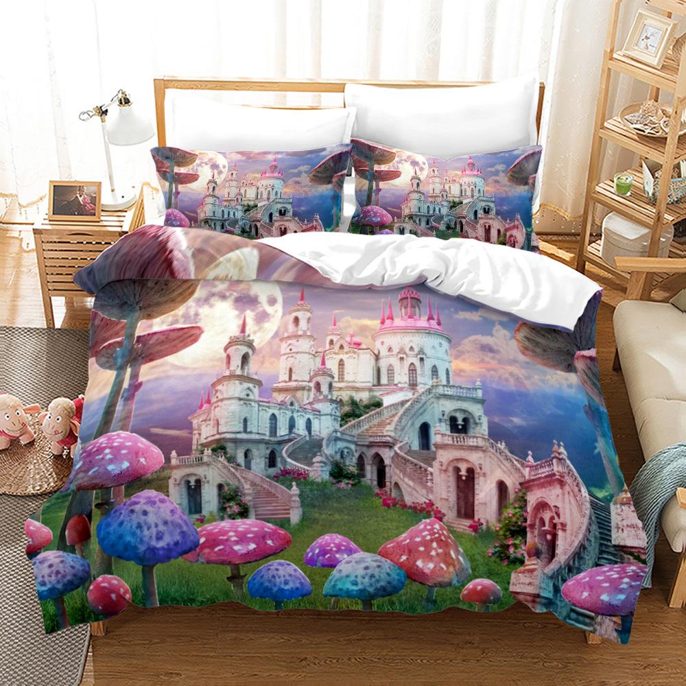 Mushroom Duvet Cover Set King Queen Size Star Purple Blue Trippy Mushroom Pattern Cartoon Polyester Bedding Set for Kid Boy Girl