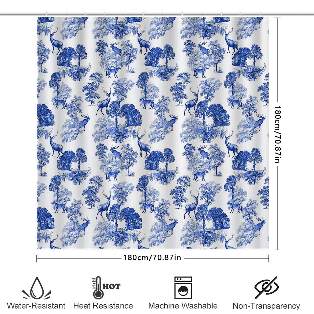 Hjort Skog Duschdraperi Vintage Blå Botanisk Natur Tematisk Bakgrund Tvättrum Dekor Gård Rustika Badrumstillbehör