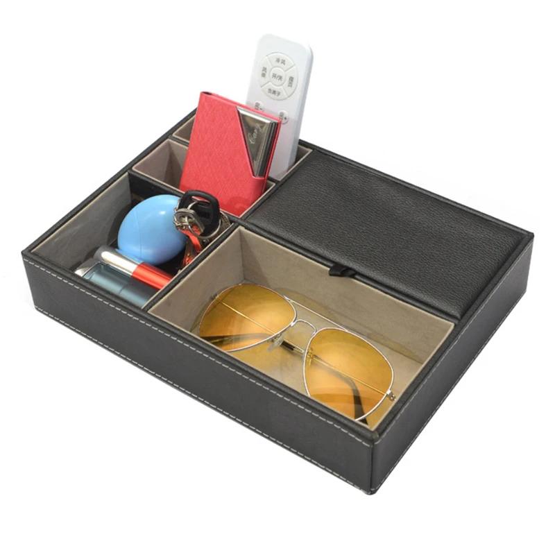 Men's Valet Tray Desktop PU Leather Wood Tray Organizer Jewelry Box Nightstand Organizer For Phone Keys Wallet Glasses Multifun