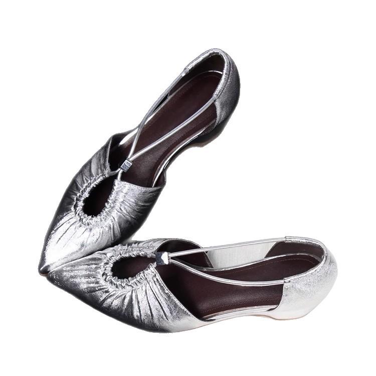 Sheepskin version~ Summer temperament single shoes pointed hollow pleated shoes Ou Ruofeng wears light mouth silver sandals