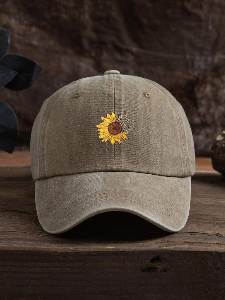 Sunflower Embroidered Denim Baseball Cap For Adults Casual Boho Style