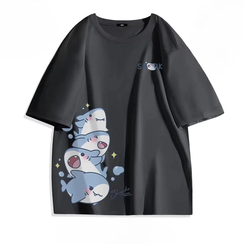 2025Summer Ice Silk Blue Top Youth Breathable Half Sleeve Large Loose Tee Men's Cute Shark Cartoon Print Short Sleeve T-shirt