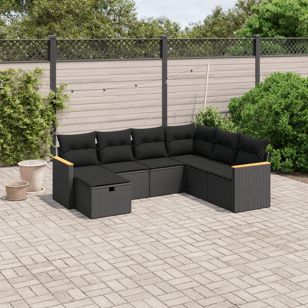 7 piece Garden Sofa Set with Cushions Black Poly Rattan