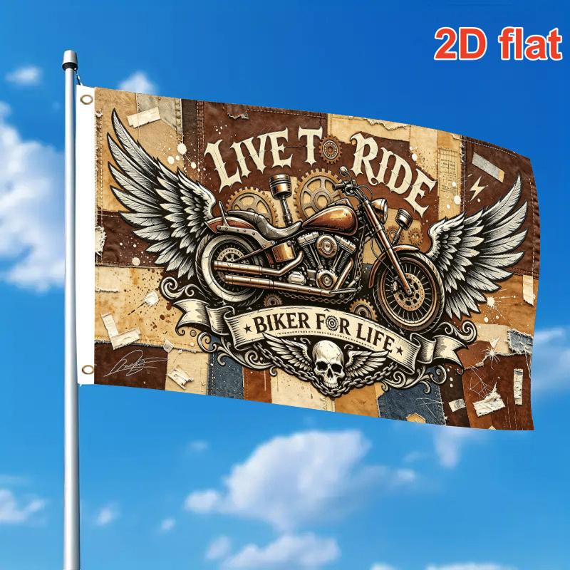 2D Flat - Single Large Flag Vintage Chopper Motorcycle Wing Skull Gear Live to Ride Biker 2D Flat Print Festival Design, Single-Sided, Two Hanging Rin