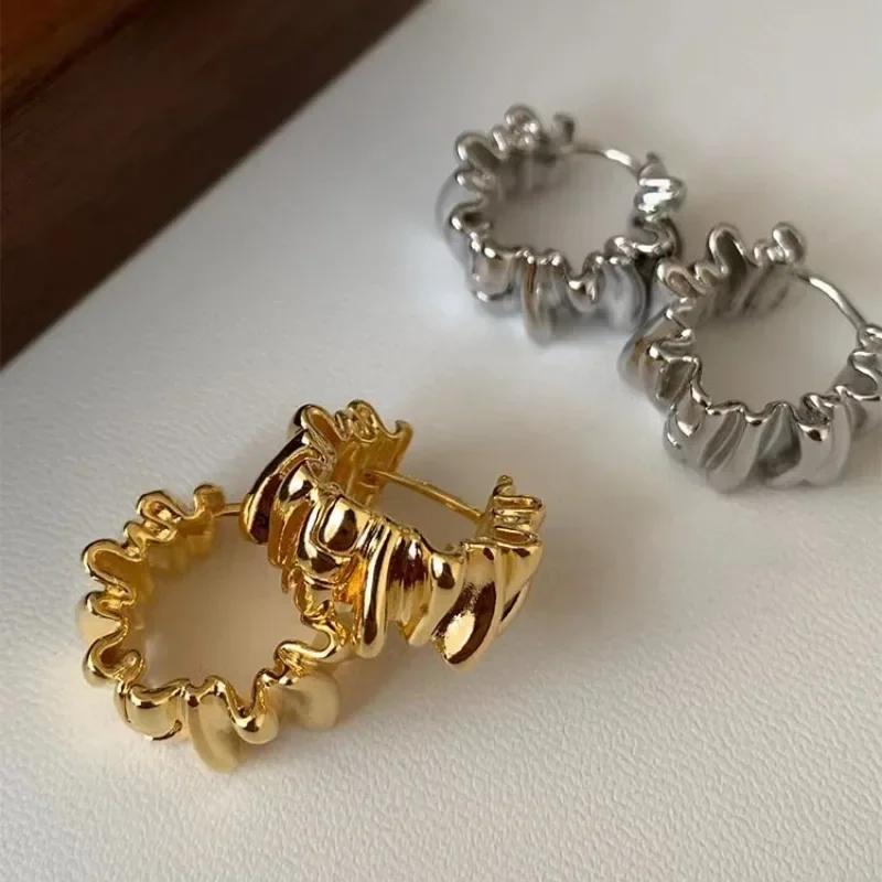 Personality Irregular Wavy Pleated Hoop Earrings for Women New Charm Gold Color Stainless Steel Dangle Jewelry Accessories Gift