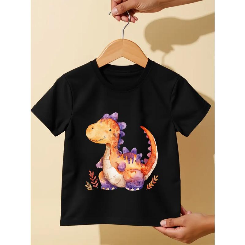 European Size Childrens Crew-neck Short-sleeved T-shirt with Cartoon Dinosaur Pattern Print