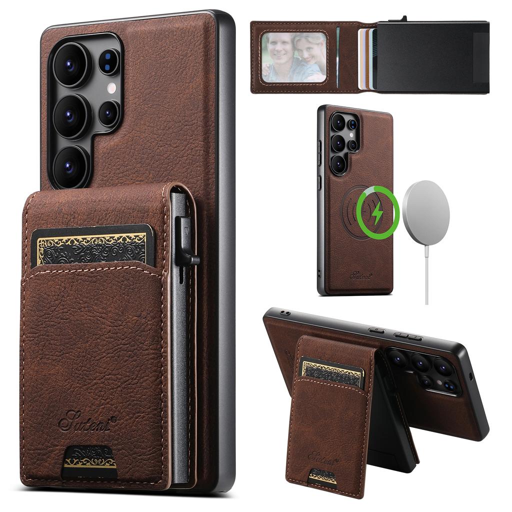 SUTENI H19 For Samsung Galaxy S24 Ultra Magnetic Case Card Holder Kickstand Litchi Texture Leather Back Cover