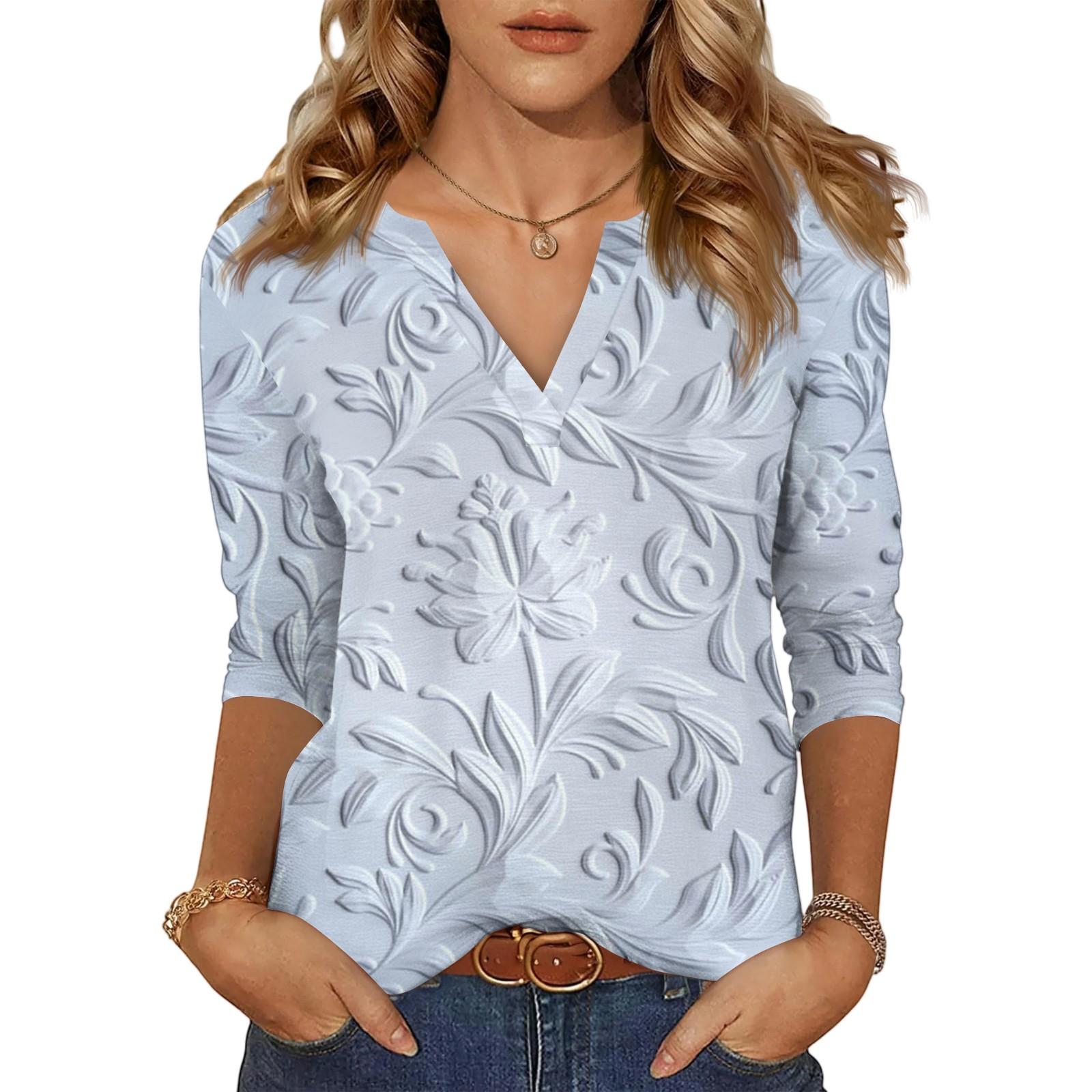 Women s Casual Fashion Sexy Comfortable V-Neck Floral Seven Sleeve Top XXL