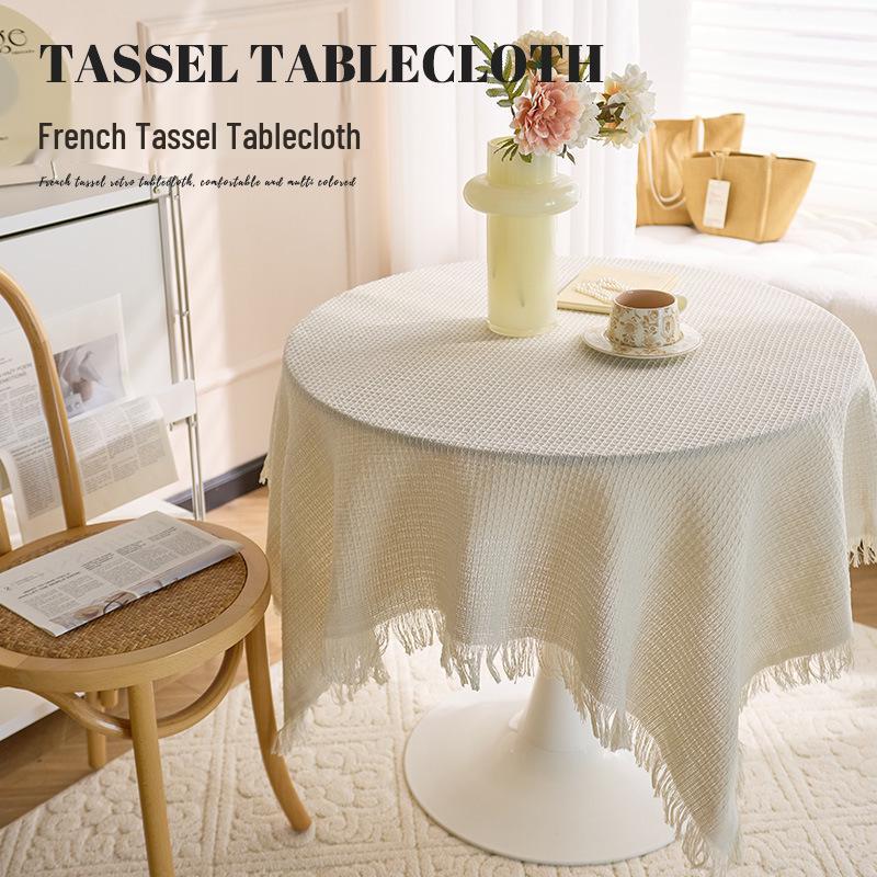 Pastoral White Tassel Tablecloth - French-Inspired Cotton Linen for Coffee and Bedside Tables