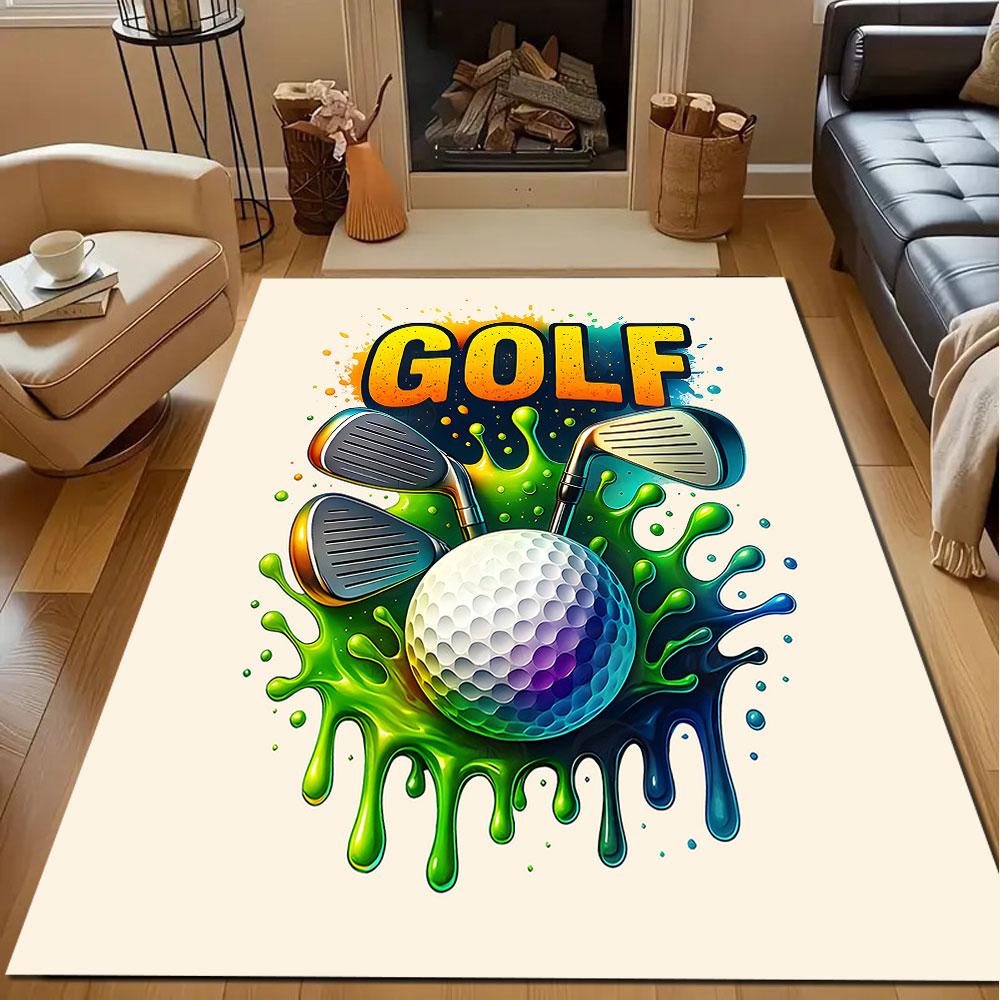 Colorful Golf Theme with Clubs and Ball Patterned Carpet, Non Slip Mat Suitable for Living Room and Bedroom Sofas
