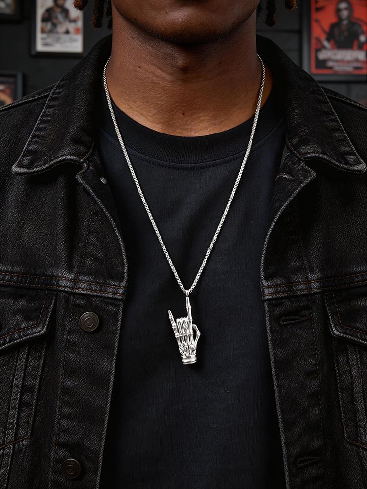 Punk Rock Gesture Pendant Necklace for Men Vintage Gothic Skull Stainless Steel Necklace Hip Hop Party Jewelry Gifts