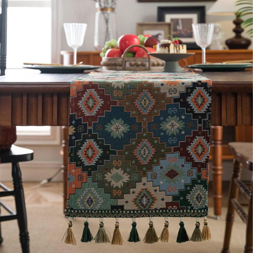Imanqi Yun Retro Colorful Jacquard Diamond Geometric Tassel Table Runner