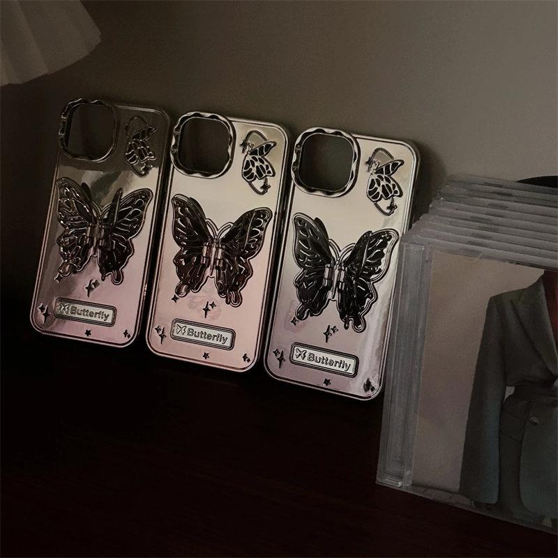 3D Butterfly Hollow uchwyt na telefon etui na iPhone 15 ProMax 14 13 Pro Max 15 12 Pro moda gradientowa matowa poszycie obudowa ze stojakiem