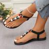 Fashion Retro Bohemian Black Girls Big Pearl Low Sandals 2025 Summer Comfort Shoes for Women Beach Sandals Suit Female Beige Large Size
