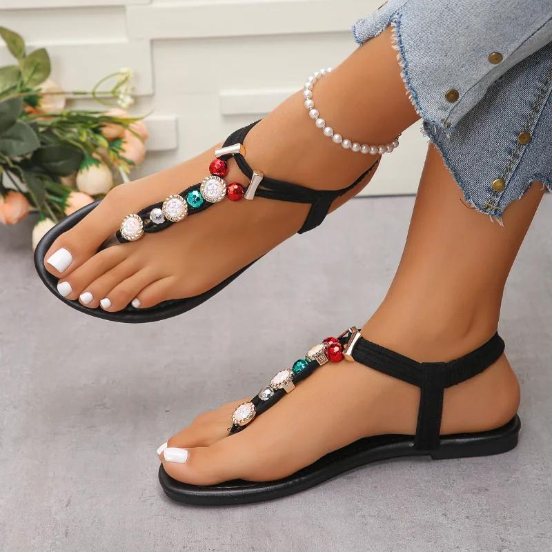 Fashion Retro Bohemian Black Girls Big Pearl Low Sandals 2025 Summer Comfort Shoes for Women Beach Sandals Suit Female Beige Large Size