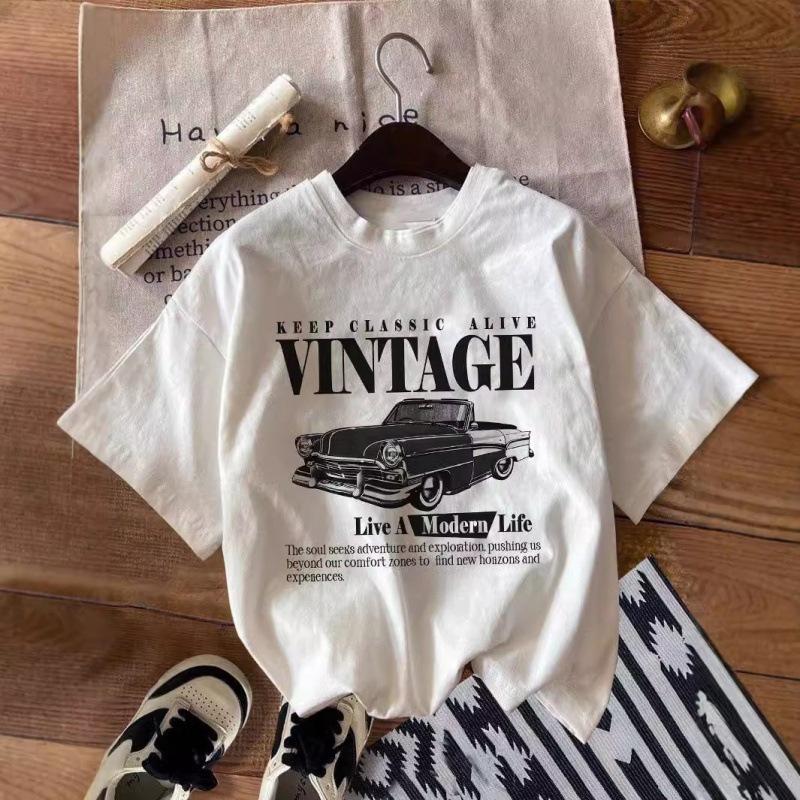 Hot Sale Women s Casual Retro Car Print White Loose Pullover Short Sleeve T-Shirt New S