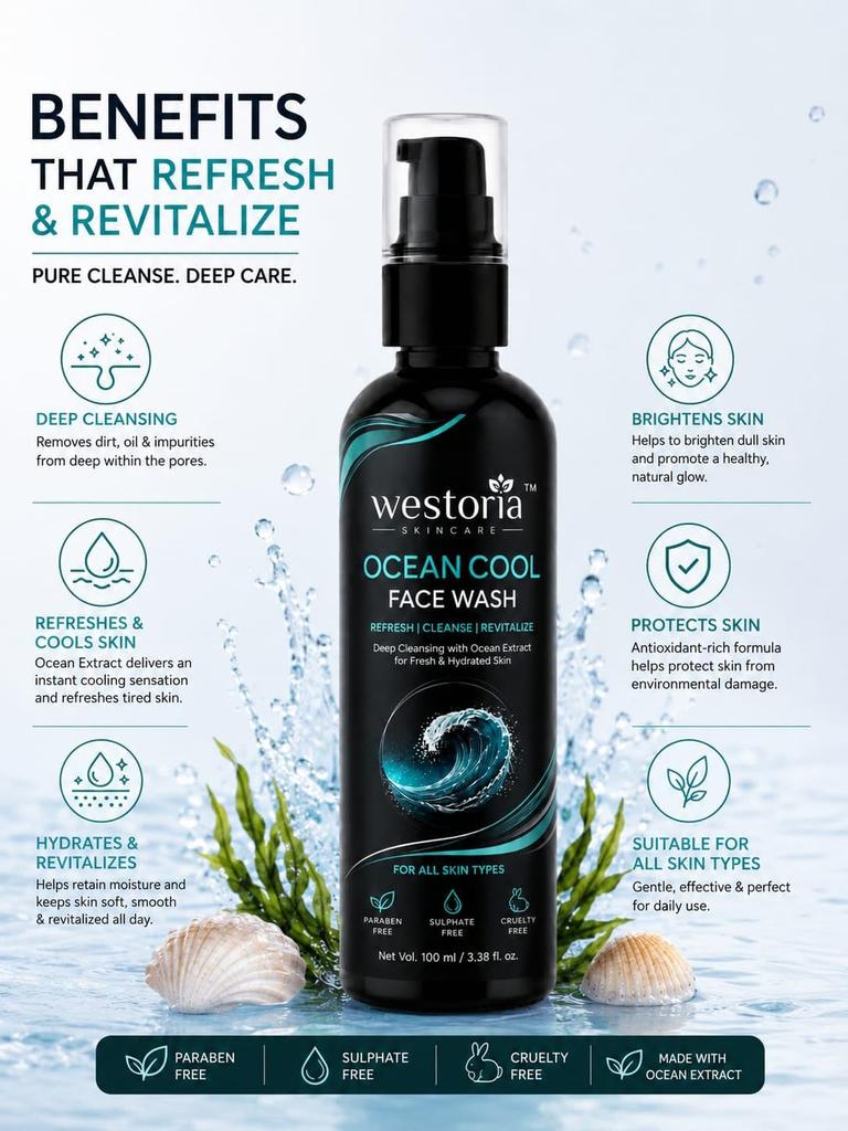 Ocean Cool Face Wash with Ocean Extract for Deep Cleansing | Refreshing & Hydrating Care, Helps Remove Dirt | Oil & Impurities | Suitable for All