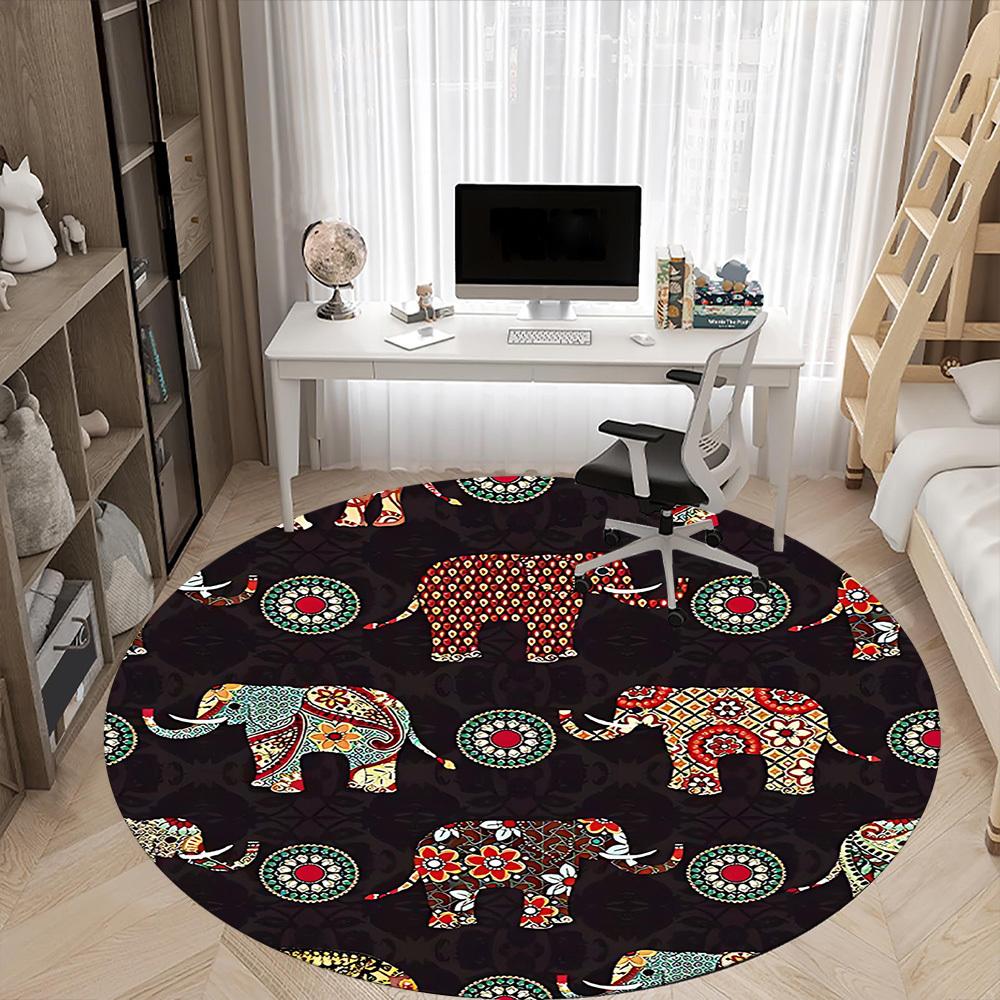1PC Elephant Mandala Office Round Area Rug, Mat Suitable For Office, Under Office Chairs Bedroom Living Room Home Decor, Room Deco