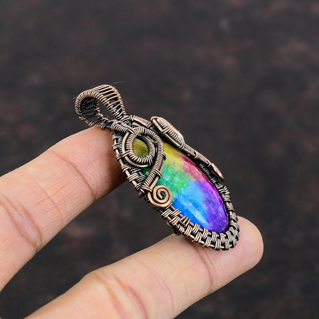 Rainbow Solar Quartz Druzy Pendant Copper Wire Wrapped Pendant Gemstone Copper Jewelry Stylish Pendant Gift For Anniversary Handmade Jewelry