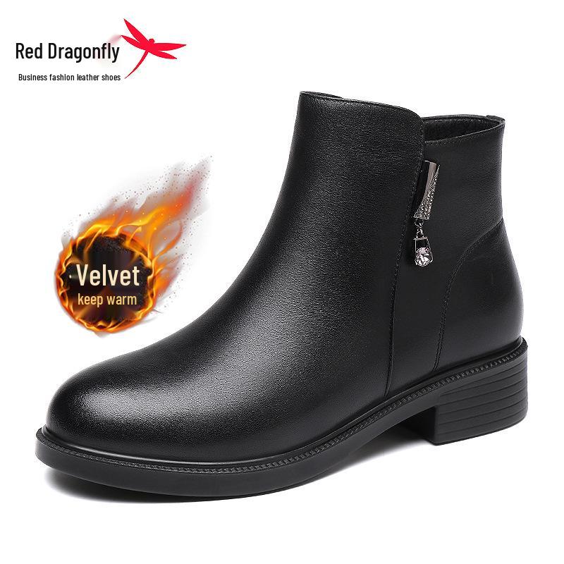 Women s Red Dragonfly Leather Ankle Boots - Winter Cowhide Chunky Heel with Velvet Warmth and Non-slip Soles 36 чёрный