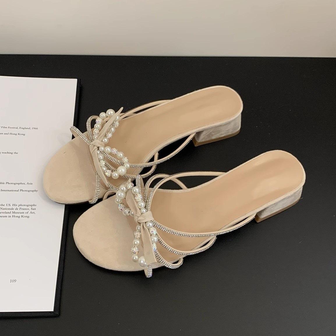 

Bow beautiful slippers female summer wear new French gentle fairy evening wind with skirt holiday thick heel sandals 40