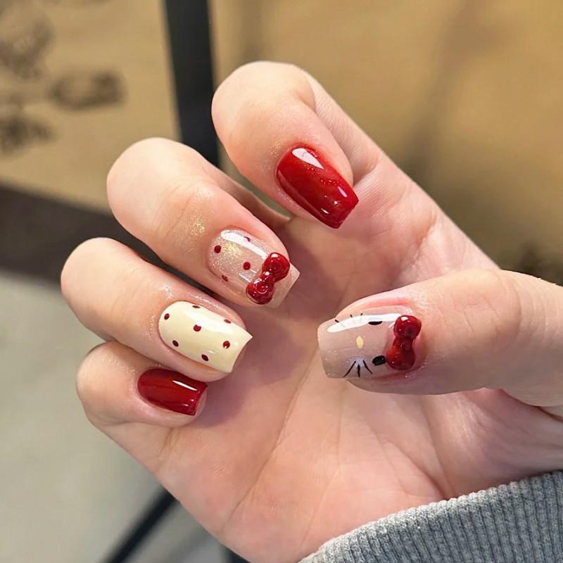Autumn Winter Sweet Cat Wearing Armor 3D Dot Diamond Bow Detachable Nail Art Red Polka Piece Wholesale
