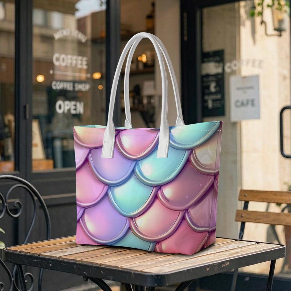 Iridescent Mermaid Scales Pattern Casual Tote Bag for Women Portable Daily Use Stylish Shoulder Handbag