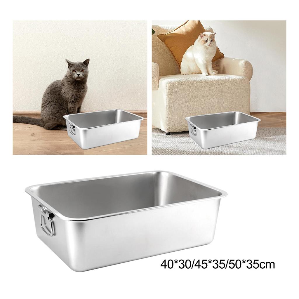 Pet Litter Tray Kitten Toilet Stainless Steel with Handles Cat Litter Box