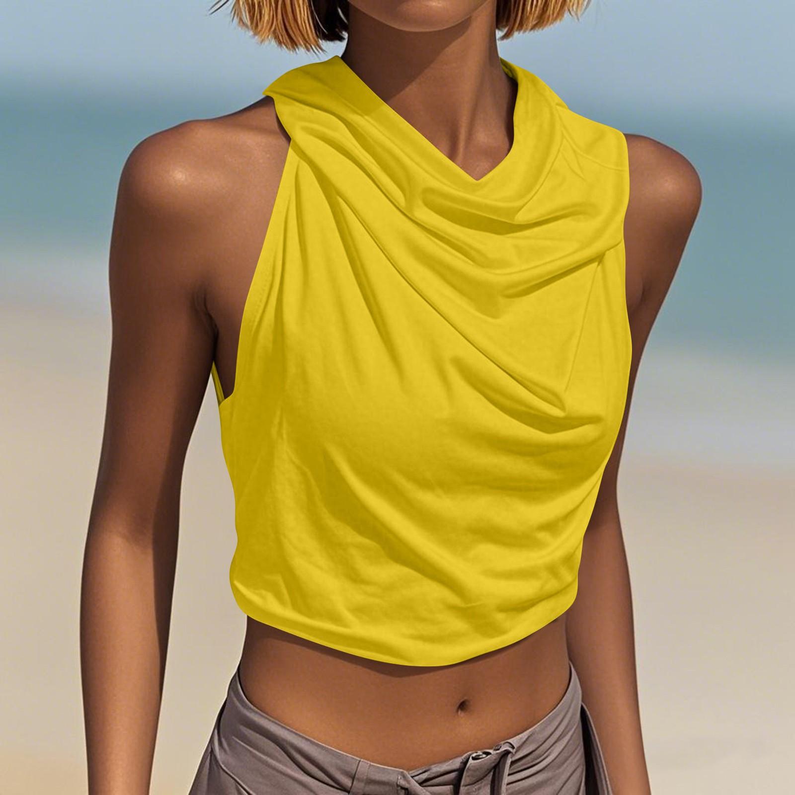 

Women s Hooded Sleeveless Solid-color Sexy Backless Lace-up Vest S жовтий