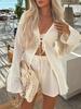 1116 new European and American women's clothing two-piece set lace-up cardigan long-sleeved shorts casual suit