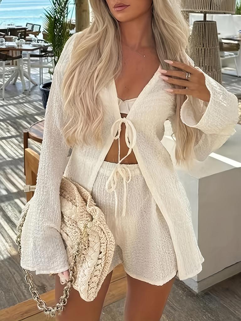 1116 new European and American women's clothing two-piece set lace-up cardigan long-sleeved shorts casual suit