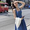 Blue Sleeveless Denim Suspender Dress Dress Women's Spring and Summer New Square Collar Waist Thin French Temperament Long Dress