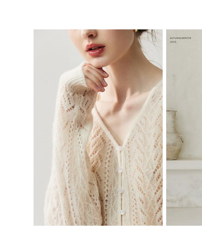 2025 A/W Women's V-neck Beaded Cashmere Cardigan – Wool Knit Lazy Style Sweater Coat