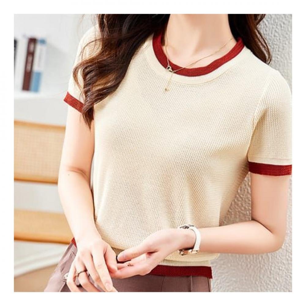 Navava Short Sleeve Color Block Knit Round Neck Nk2145