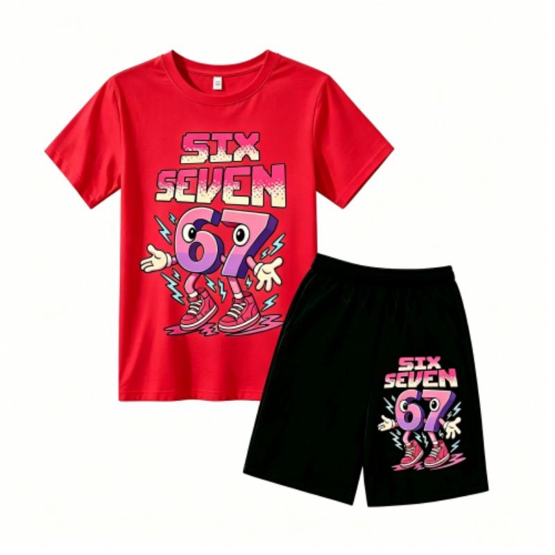 Fashion Cartoon 67 Graphic Print Outdoor Street Kids T-shirt and Shorts Summer Home Casual Outfit Boy and Girl's Sports Set