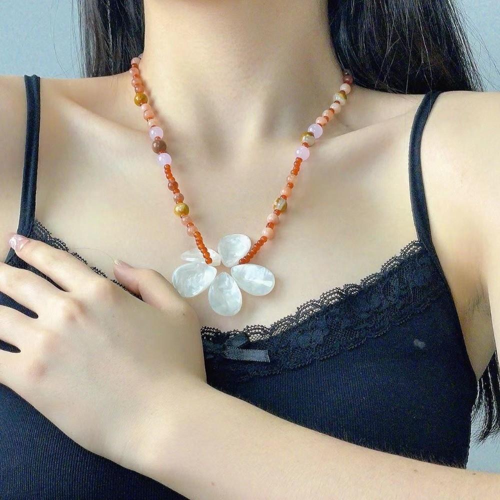 Ocean Style Shell Flower Necklace Boho Ocean Style Neck Chain Stone Pendant Necklace  Holiday