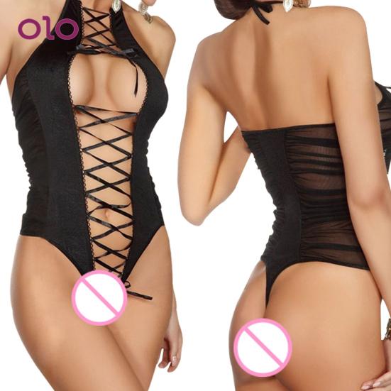 Dámské body Síťovina vpředu bez rozkroku Černá noční prádlo Spodní prádlo Teddy Open