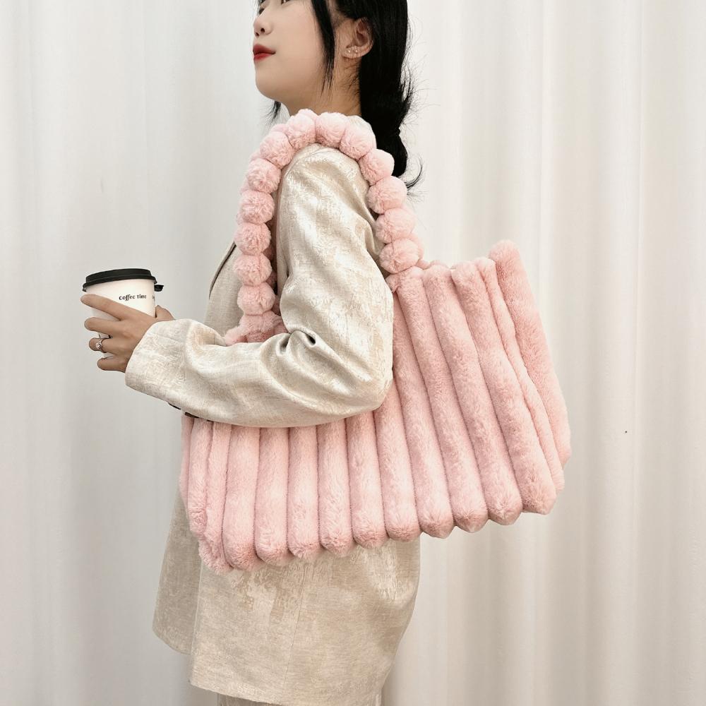 Autumn Winter New Fashion Macaron Women's Shoulder Bags High Capacity Commuter Horizontal Square Large Tote Bag Plush College Student Girl Armpit Bags