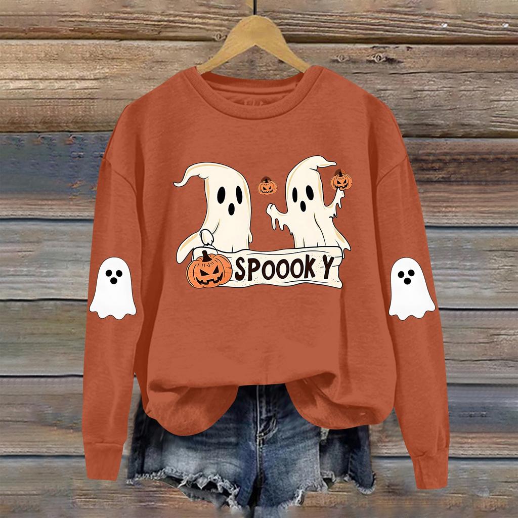 Dame Moteable Casual Langermet Halloween Trykket Rundhals Topp