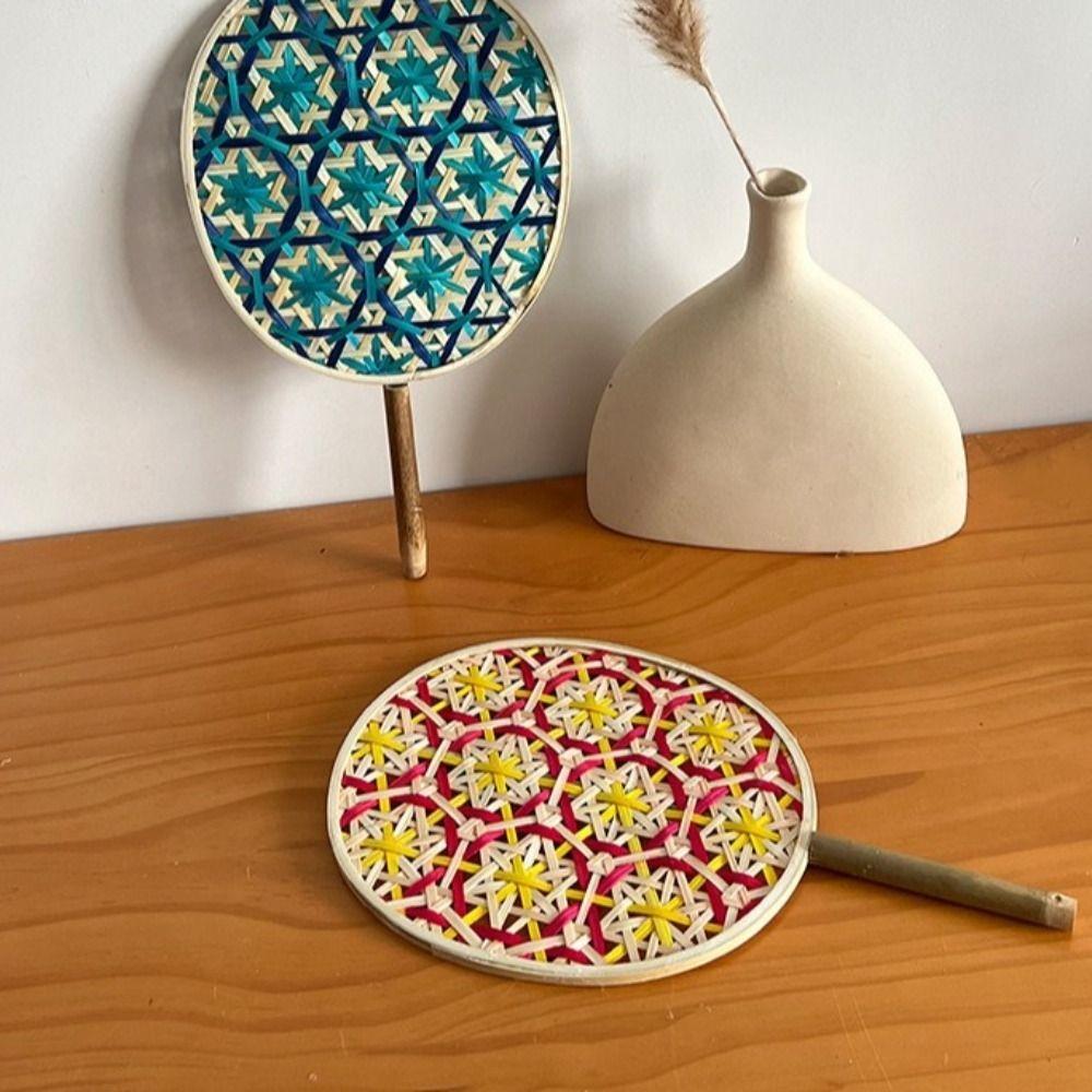Handmade Bamboo Braided Fan Colorful Hand Cranked Fan Home Decoration Weaving Fan  Home