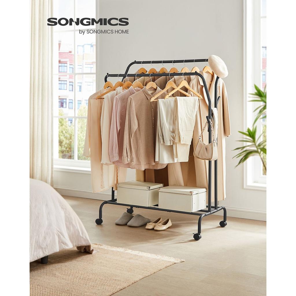 SONGMICS Clothes Rail, Clothes Rack, Double Clothes Hanging Rail, Heavy-Duty Metal Frame, with Wheels and Shelf, 100 kg Total Max. Load