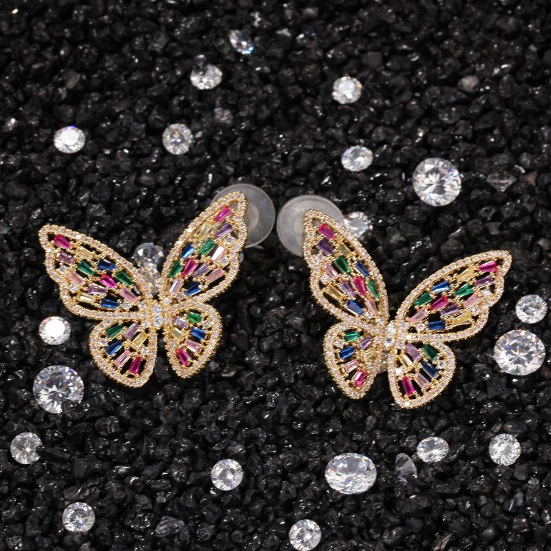 Exaggerated Butterfly Studs Everyday Joker Inlaid Zircon European and American Punk Fashion Earrings Special-Interest Design Multi-Color Earrings