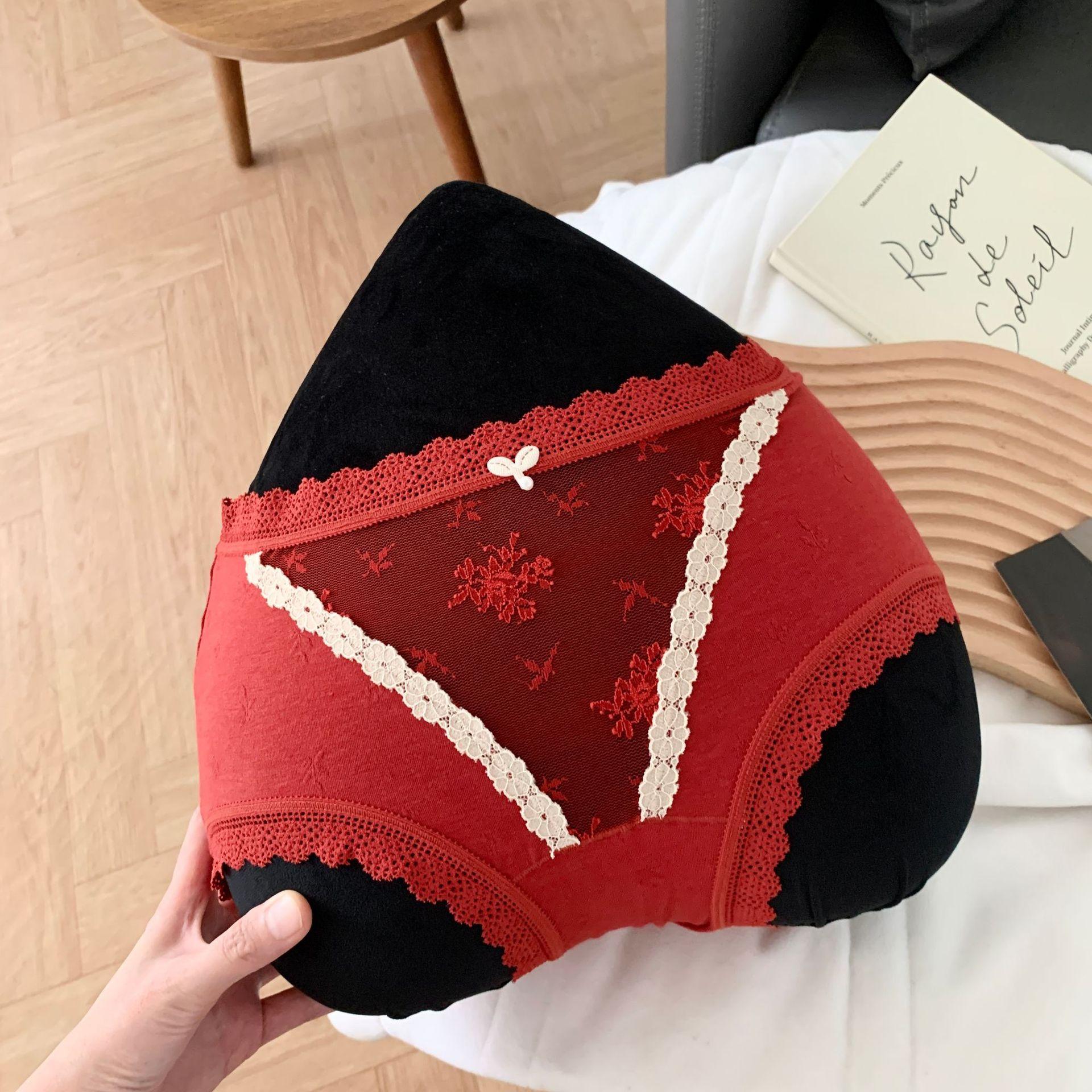 Леди Весна и Осень Темное Кружево Свадебное Красное Трусы с Завышенной Талией и Удлиненной Ластовицей One Size